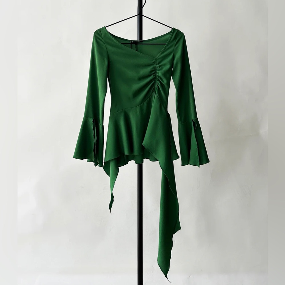 Green Asymmetric Ruffle Peplum Top - Women